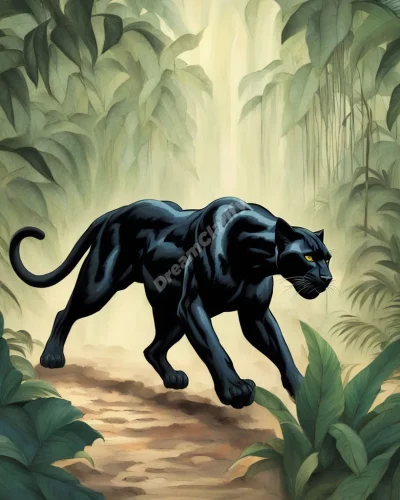 A black panther prowling through a dream jungle, symbolizing power and mystery.