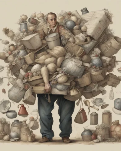 A figure carrying an increasingly large and diverse load of objects, representing life's burdens and responsibilities.