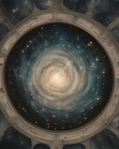 A ceiling dissolving to reveal a cosmic sky, with constellations forming personal symbols, representing limitations and expanded awareness.