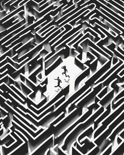 A figure running through shifting mazes, symbolizing pursuit in chase dreams.