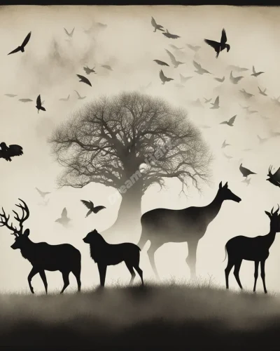 Silhouettes of various animals fading into mist, with new life sprouting from their forms, representing the cycle of death and rebirth.