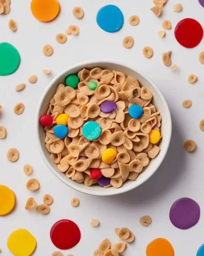 A bowl of cereal with colorful shapes floating above, representing childhood and comfort in dreams.