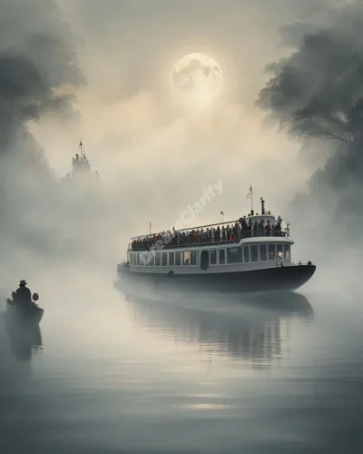 A ferry crossing a misty river, with passengers carrying dream symbols, representing transition and journey in ferry dreams.