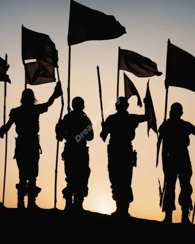 Silhouettes raising flags against a sunrise, representing defiance in rebel dreams.