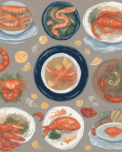 Seafood dishes transforming into dream symbols, representing nourishment and emotional connections.