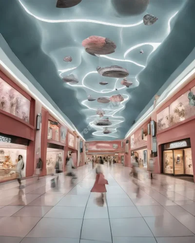 A surreal shopping mall with storefront displays showing different life paths and choices, representing consumerism and decisions.