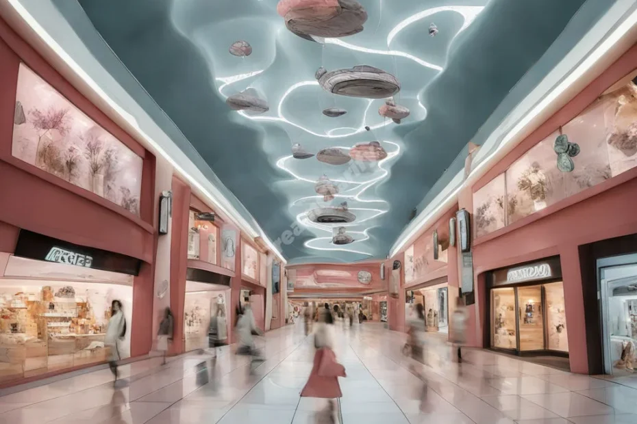 A surreal shopping mall with storefront displays showing different life paths and choices, representing consumerism and decisions.