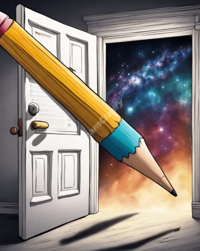 A giant pencil writing answers on a cosmic exam paper, with each answer opening a new door, representing challenges in test dreams.