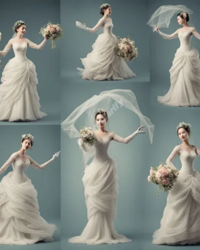 A bride figure transforming into various life roles, symbolizing wife dreams.