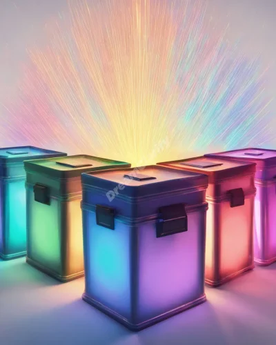 Ballot boxes emitting colorful light beams forming dream symbols, representing choices and collective decision-making.