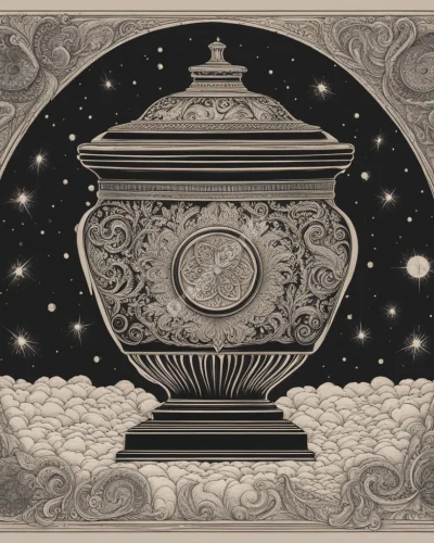 An ornate urn releasing dream symbols, representing containment and release.