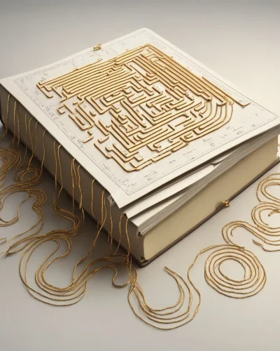 Numbers and ledgers forming a maze with a golden thread leading through, representing financial paths in account dreams.