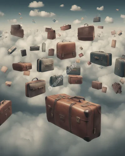 Suitcases and bags floating in a cloudy dreamscape, each opening to reveal personal symbols and memories.