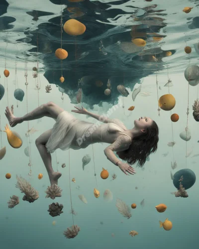 A figure suspended underwater, surrounded by floating objects from their life, representing immersion in emotions.