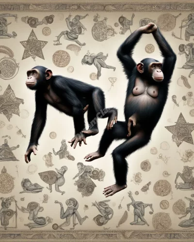 Chimpanzees playing with dream symbols, representing intelligence and playfulness.