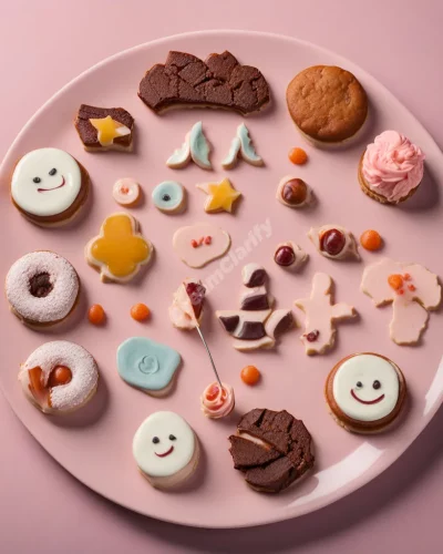 A dessert plate with treats forming dream symbols, representing indulgence and sweet experiences.