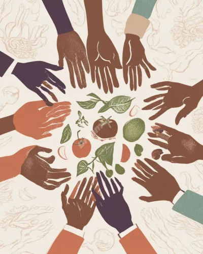 Hands offering food that transforms into nurturing symbols, representing care and sustenance on multiple levels.