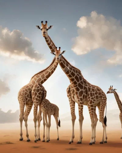 Giraffes with long necks reaching for dream symbols, representing perspective.