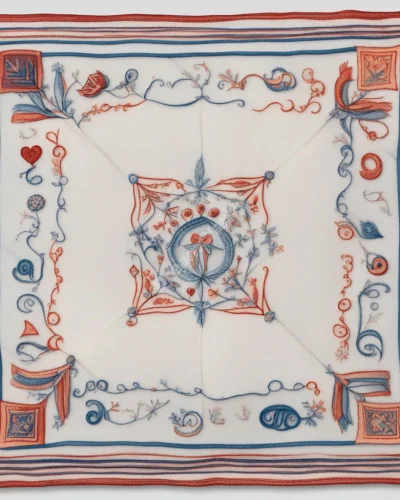 A floating handkerchief with dream symbols embroidered on it, representing comfort and hidden emotions in handkerchief dreams.