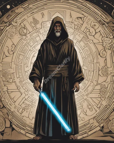 A Jedi figure with a glowing lightsaber, surrounded by symbols of wisdom and power, representing inner strength and guidance.