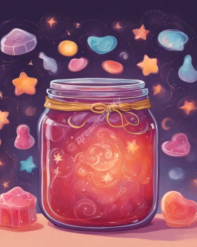 A jar of jelly with dream symbols swirling inside, representing sweetness and emotional nourishment.