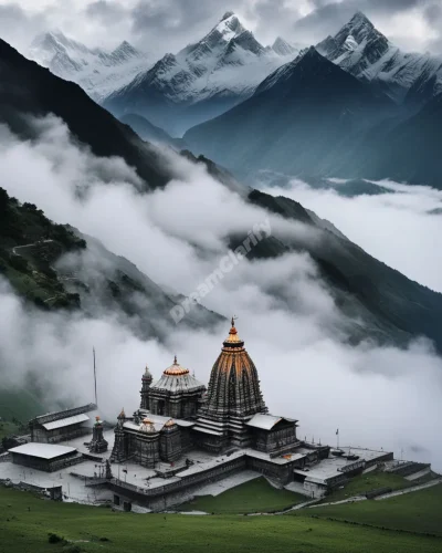 The sacred Kedarnath temple surrounded by swirling mists that form spiritual symbols, representing divine connection in dreams.