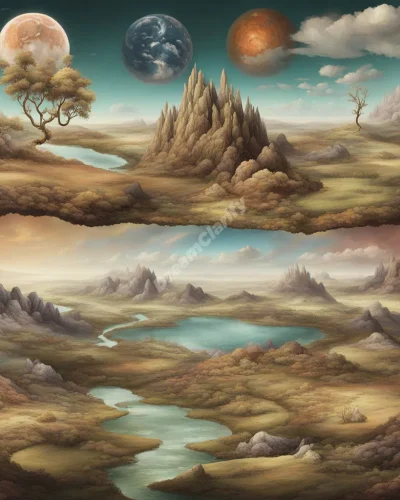 A surreal landscape morphing between different terrains, each representing various aspects of life in landscape dreams.