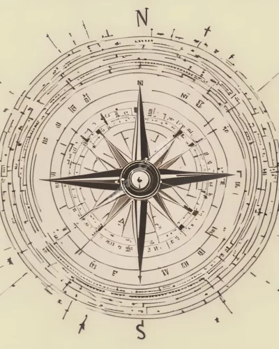 A compass pointing north, surrounded by directional symbols.