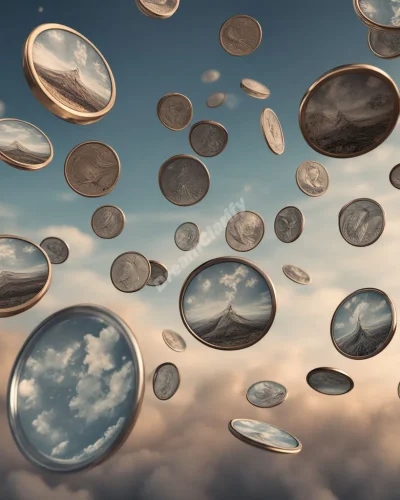 Quarters spinning in the air, each showing a different dream scene on its surface, symbolizing small but significant changes.