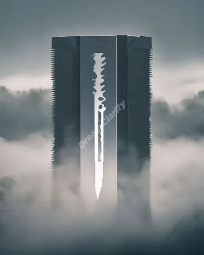 A razor blade cutting through layers of fog to reveal hidden symbols, representing precision and clarity in razor dreams.