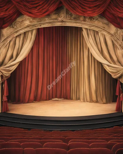 A theater stage with curtains opening to reveal various life scenes, symbolizing the roles we play in theater dreams.