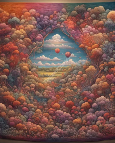 Colorful yarn weaving itself into a tapestry of dream scenes, symbolizing life's interconnections.