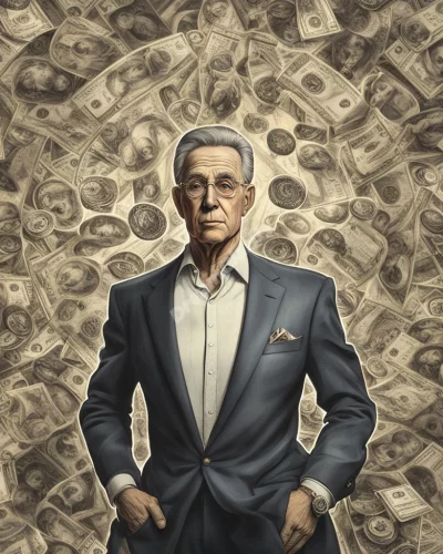 A billionaire surrounded by symbols of wealth and power.