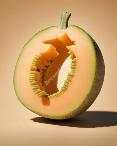A cantaloupe split open, revealing a miniature dreamscape inside, symbolizing hidden sweetness or potential.