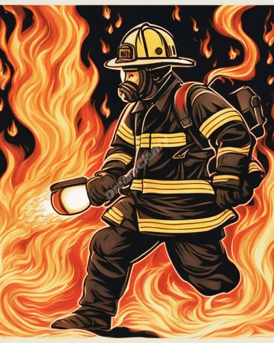 A firefighter figure battling dream-like flames, representing courage in firefighter dreams.