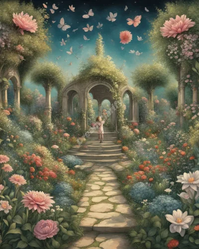 A lush garden with plants forming dream symbols, each flower blooming to reveal a different aspect of the dreamer's life.