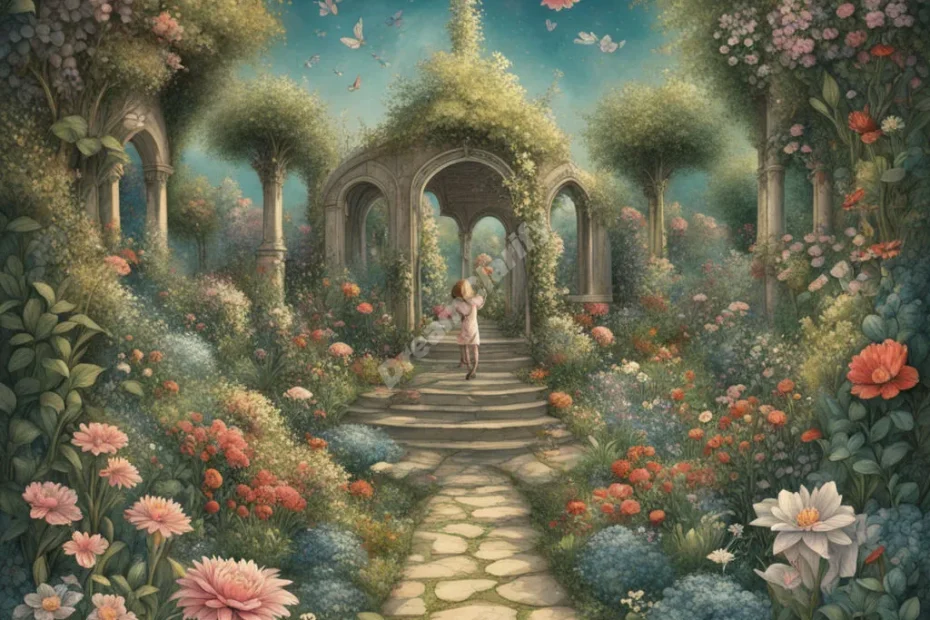 A lush garden with plants forming dream symbols, each flower blooming to reveal a different aspect of the dreamer's life.