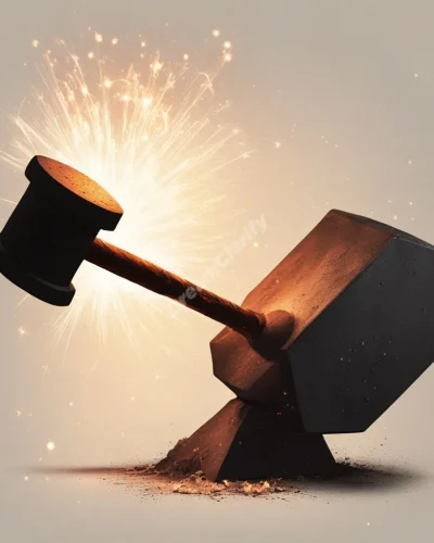 A glowing hammer striking an anvil, creating sparks that form dream symbols, representing creation and destruction in dreams.