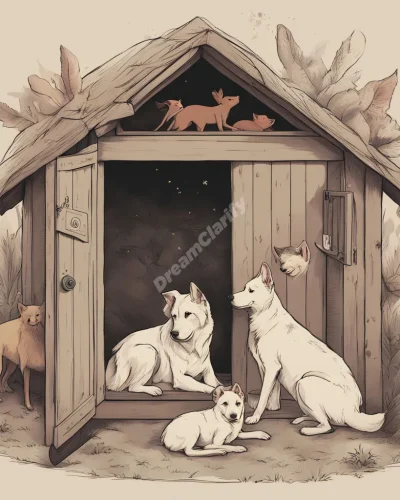 A kennel transforming into a safe haven, with various animals representing different aspects of the dreamer's personality.