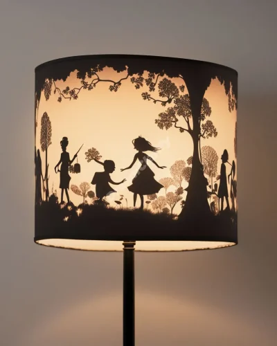 A lampshade casting shadows that form various dream scenes on the walls, representing illumination of the subconscious.