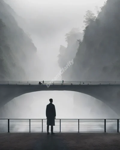 A person standing at the edge of a misty ravine, with bridges forming from their thoughts, symbolizing challenges and decision-making.