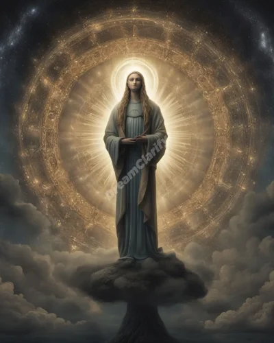 A saintly figure with a halo of dream symbols, radiating light in a dark dreamscape, representing guidance.