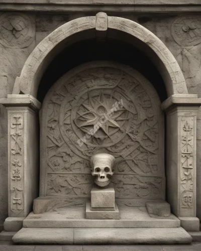 A tomb with symbols of finality and memory, representing endings.