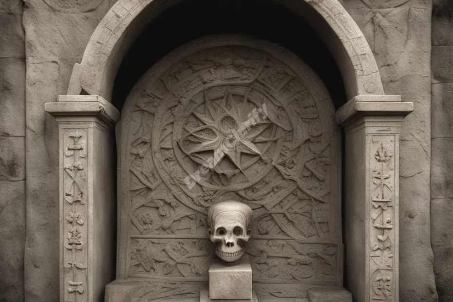 A tomb with symbols of finality and memory, representing endings.