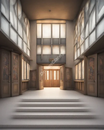 A university building with doors opening to reveal different life paths and knowledge realms, representing education and life choices.