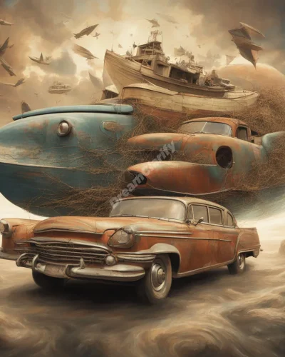 A vehicle morphing between different forms (car, boat, plane) as it travels through various dreamscapes, representing life's journey.