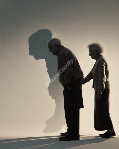 An elderly couple whose intertwined shadows form a timeline of their life together, representing lasting love and shared experiences.