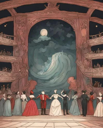 An opera stage with performers acting out dream scenes, symbolizing drama in opera dreams.