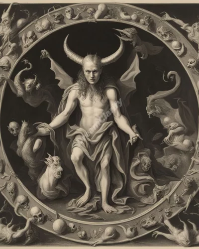 The devil emerging from shadows, surrounded by symbols of temptation and fear.