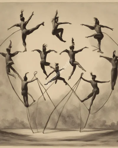 Acrobats performing graceful moves, each leap revealing a different dream symbol, representing balance and agility.